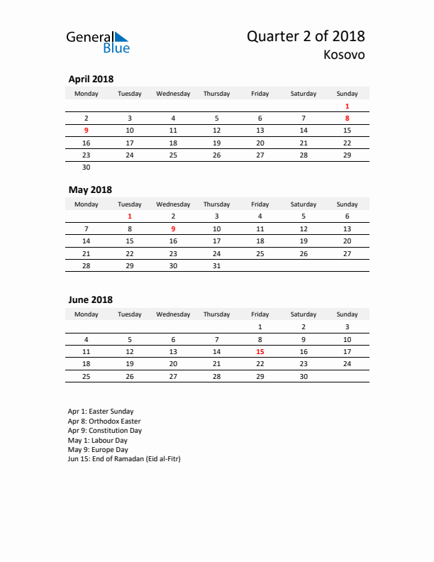 2018 Three-Month Calendar for Kosovo
