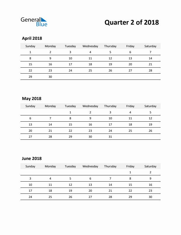 2018 Three-Month Calendar (Quarter 2)