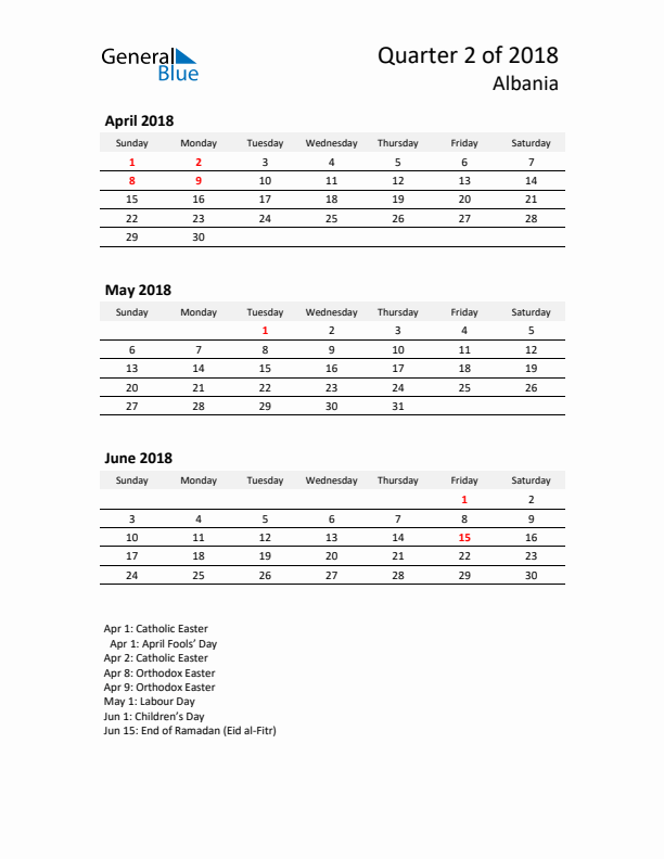 2018 Three-Month Calendar for Albania