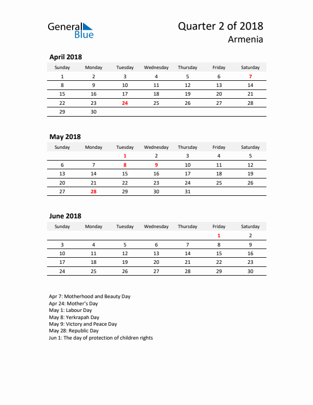 2018 Three-Month Calendar for Armenia