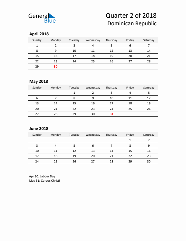 2018 Three-Month Calendar for Dominican Republic