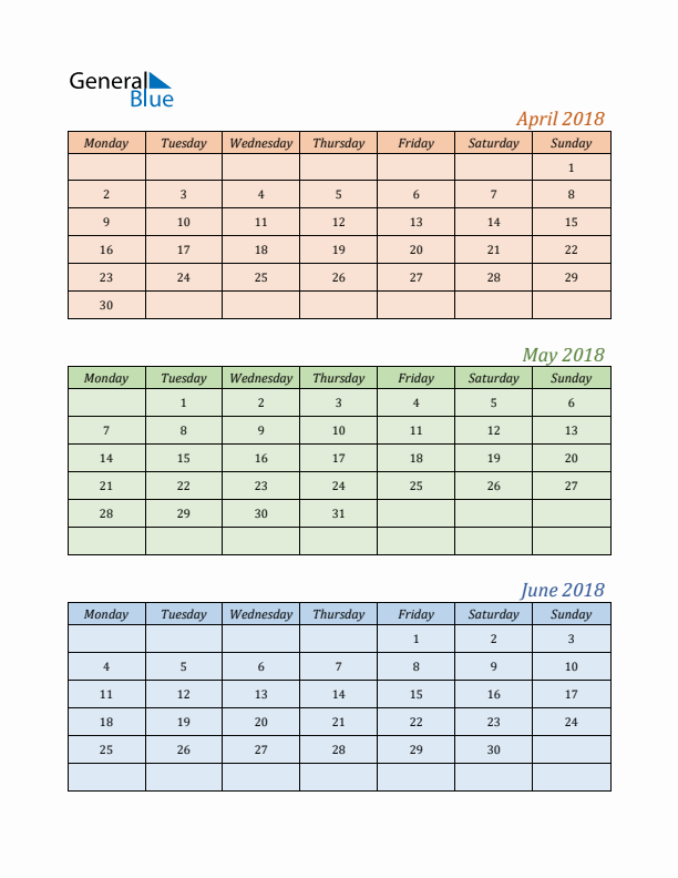 Three-Month Calendar for Year 2018 (April, May, and June)
