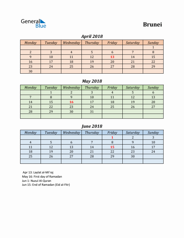 Q2 2018 Holiday Calendar - Brunei
