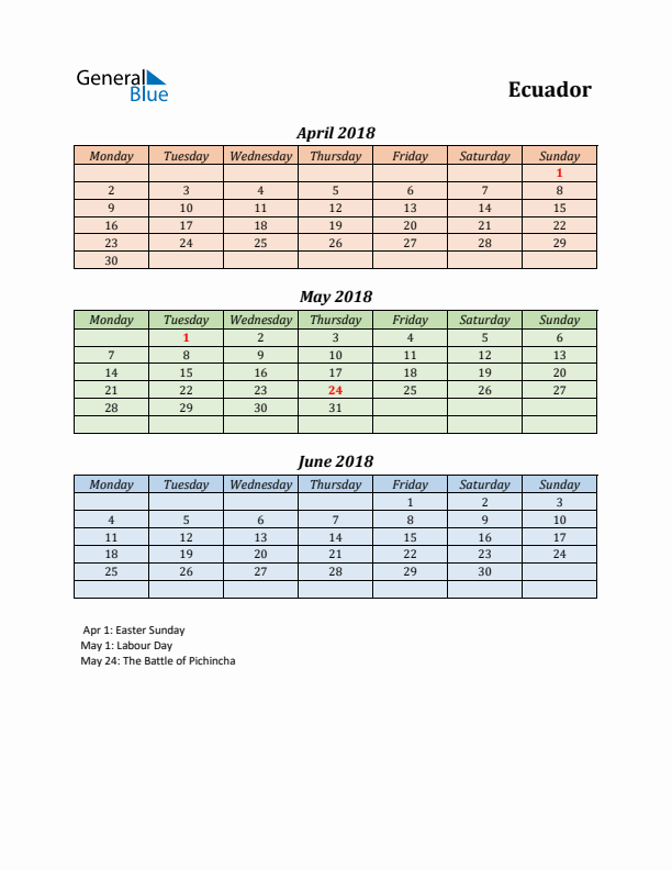 Q2 2018 Holiday Calendar - Ecuador