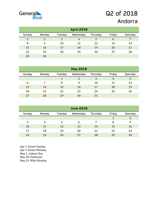  Quarterly Calendar 2018 with Andorra Holidays 