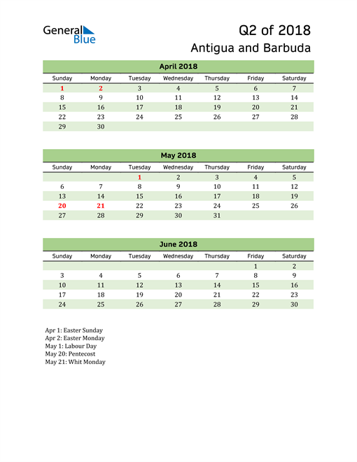  Quarterly Calendar 2018 with Antigua and Barbuda Holidays 