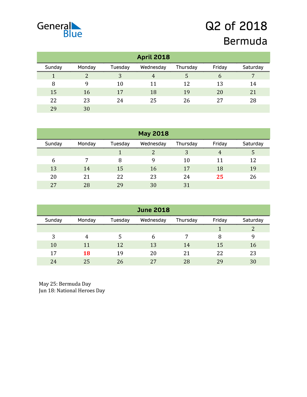 Quarterly Calendar 2018 with Bermuda Holidays 
