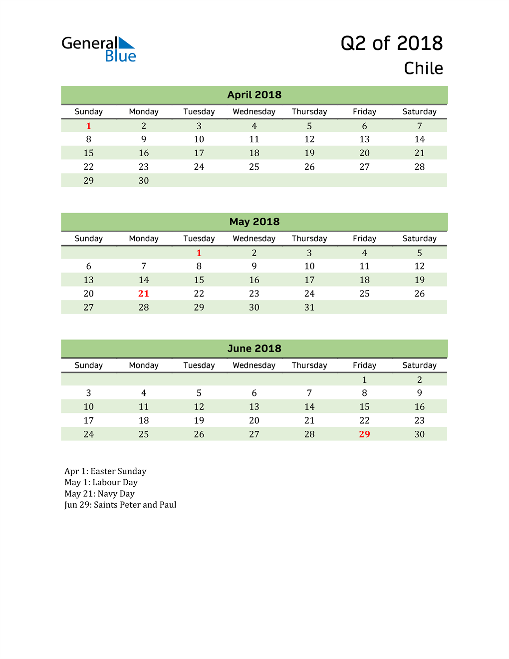  Quarterly Calendar 2018 with Chile Holidays 