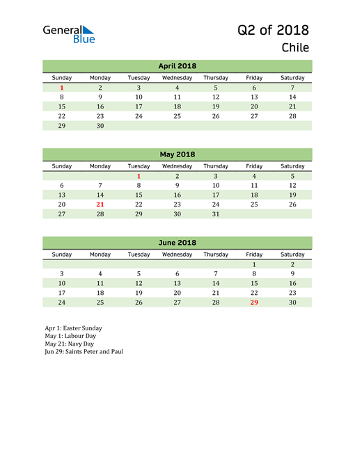  Quarterly Calendar 2018 with Chile Holidays 