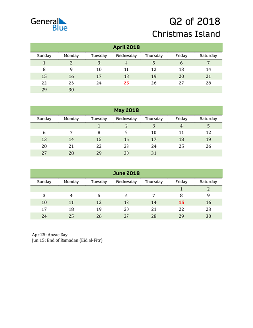  Quarterly Calendar 2018 with Christmas Island Holidays 