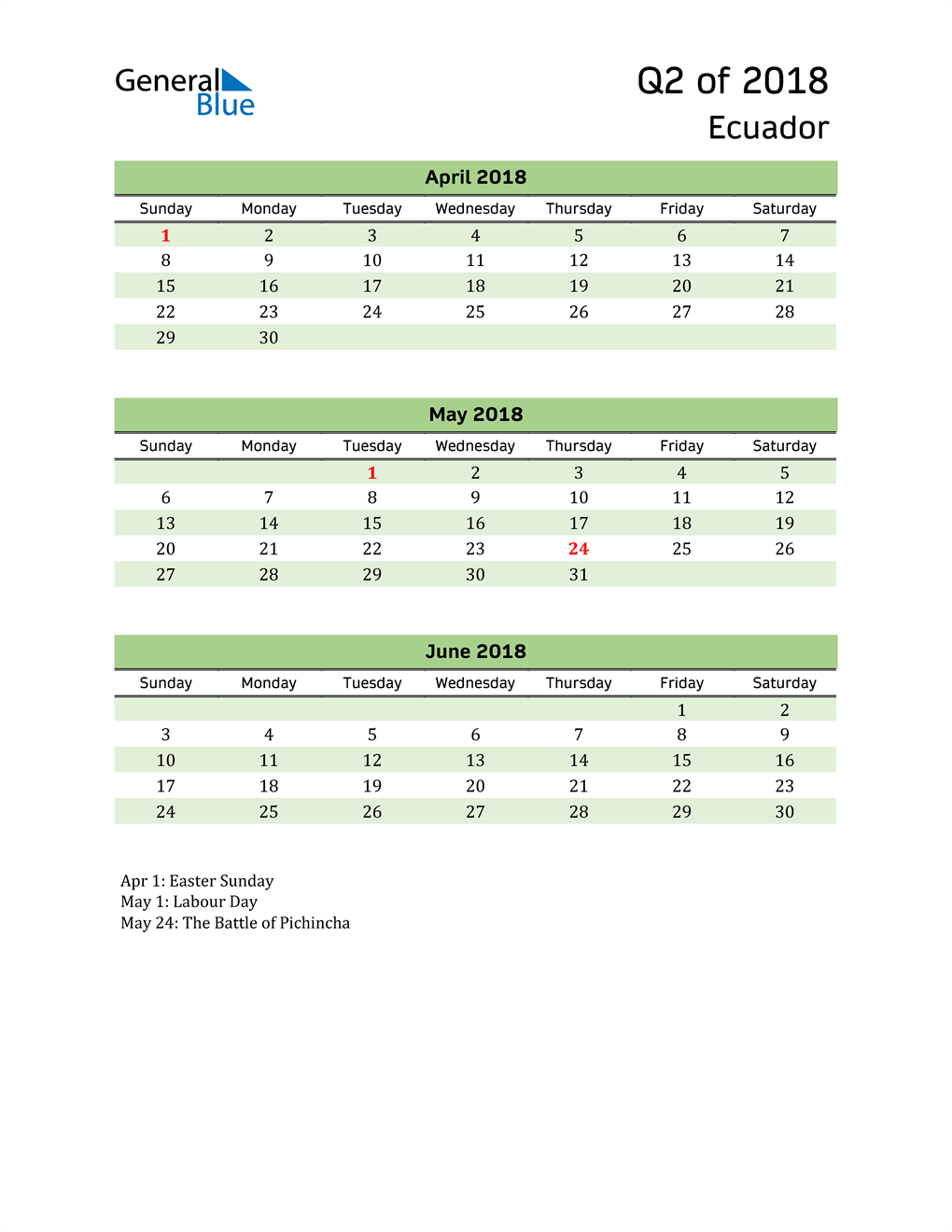  Quarterly Calendar 2018 with Ecuador Holidays 