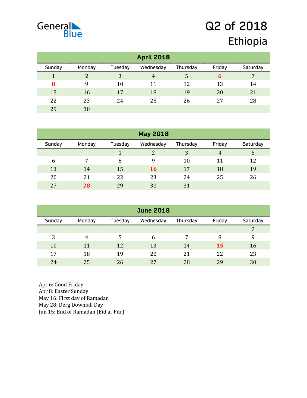  Quarterly Calendar 2018 with Ethiopia Holidays 