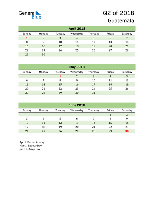  Quarterly Calendar 2018 with Guatemala Holidays 