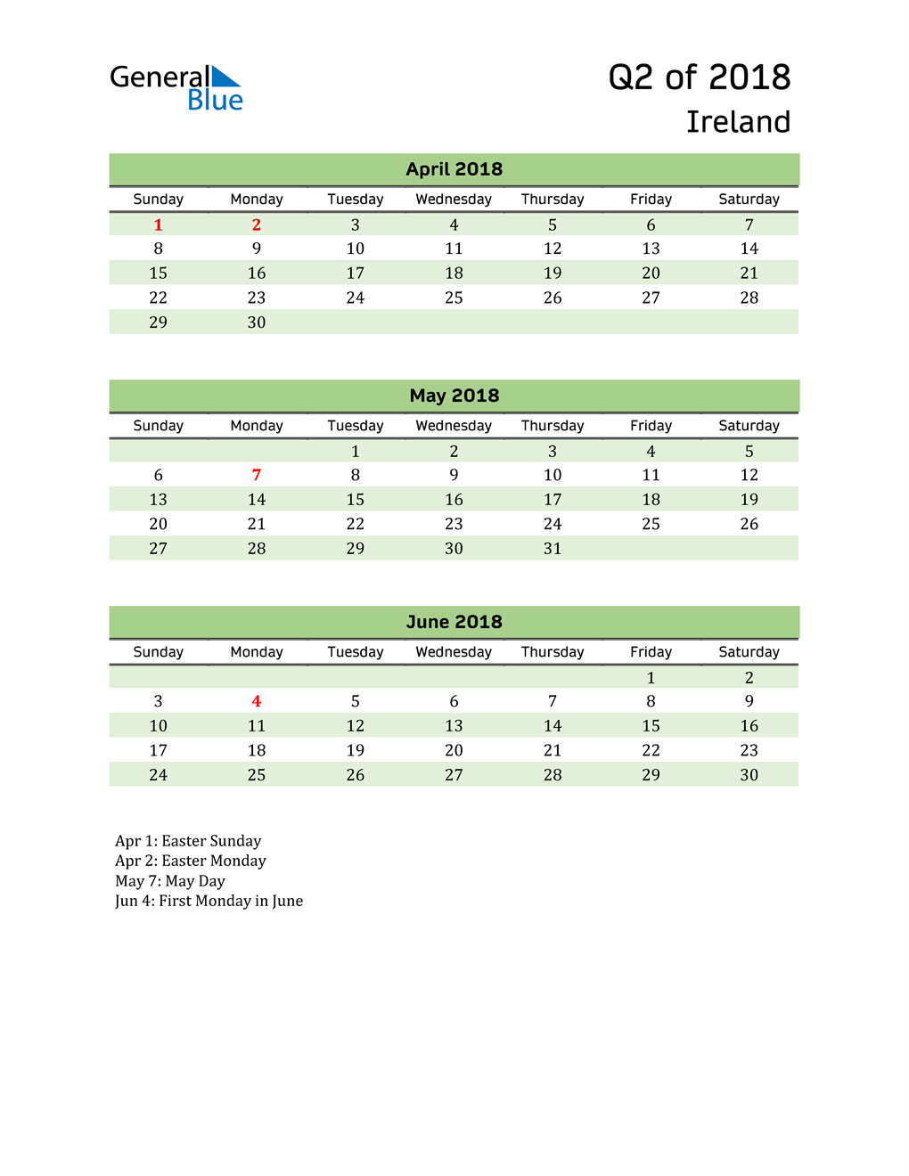  Quarterly Calendar 2018 with Ireland Holidays 