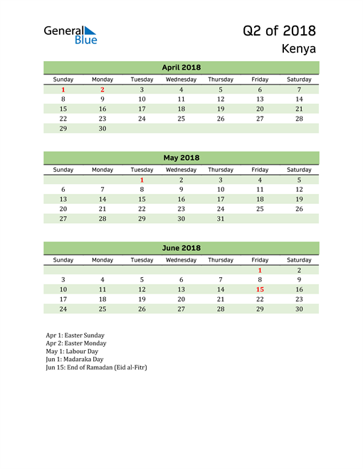  Quarterly Calendar 2018 with Kenya Holidays 