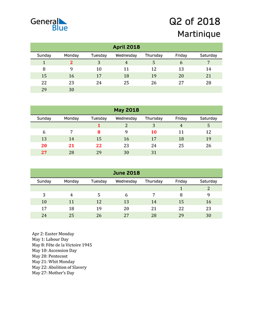  Quarterly Calendar 2018 with Martinique Holidays 