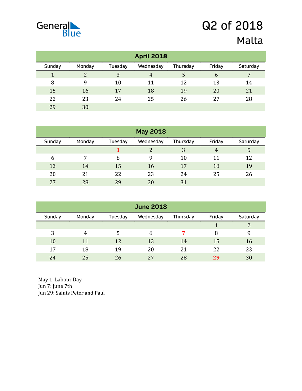  Quarterly Calendar 2018 with Malta Holidays 