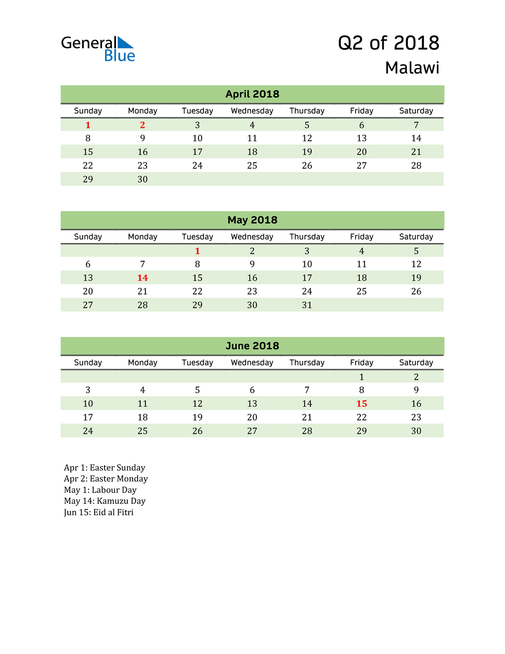  Quarterly Calendar 2018 with Malawi Holidays 