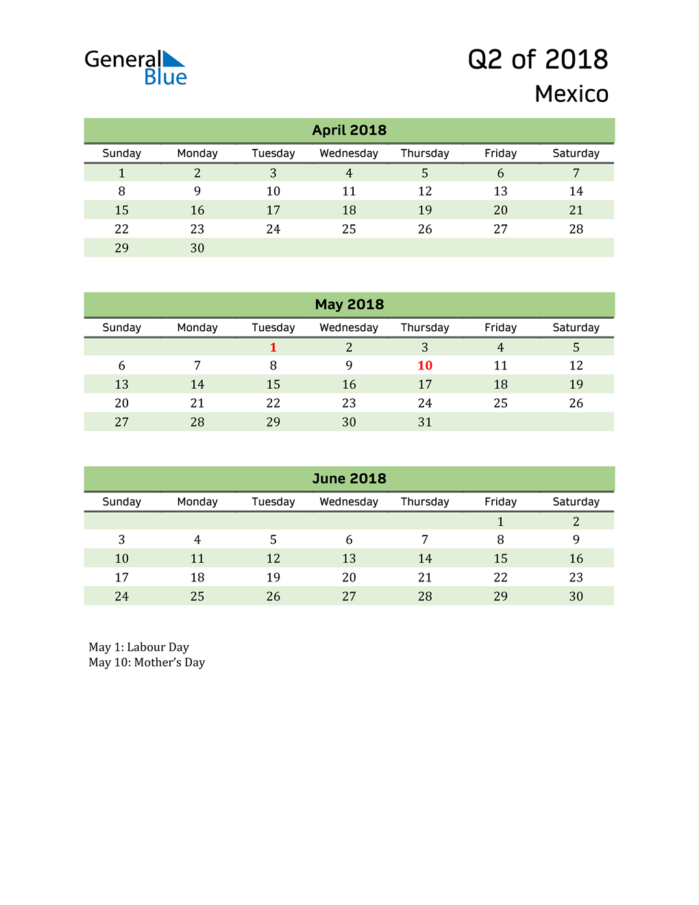  Quarterly Calendar 2018 with Mexico Holidays 