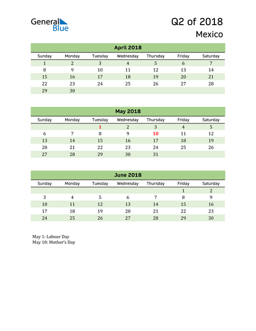  Quarterly Calendar 2018 with Mexico Holidays 