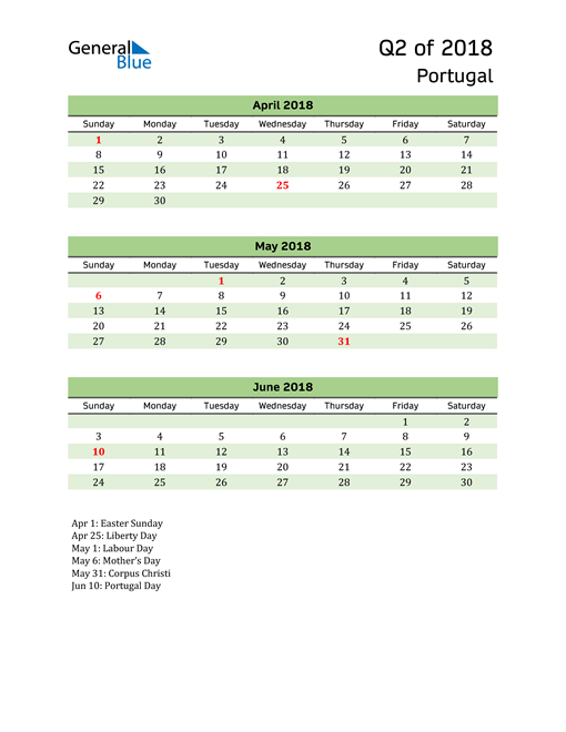  Quarterly Calendar 2018 with Portugal Holidays 