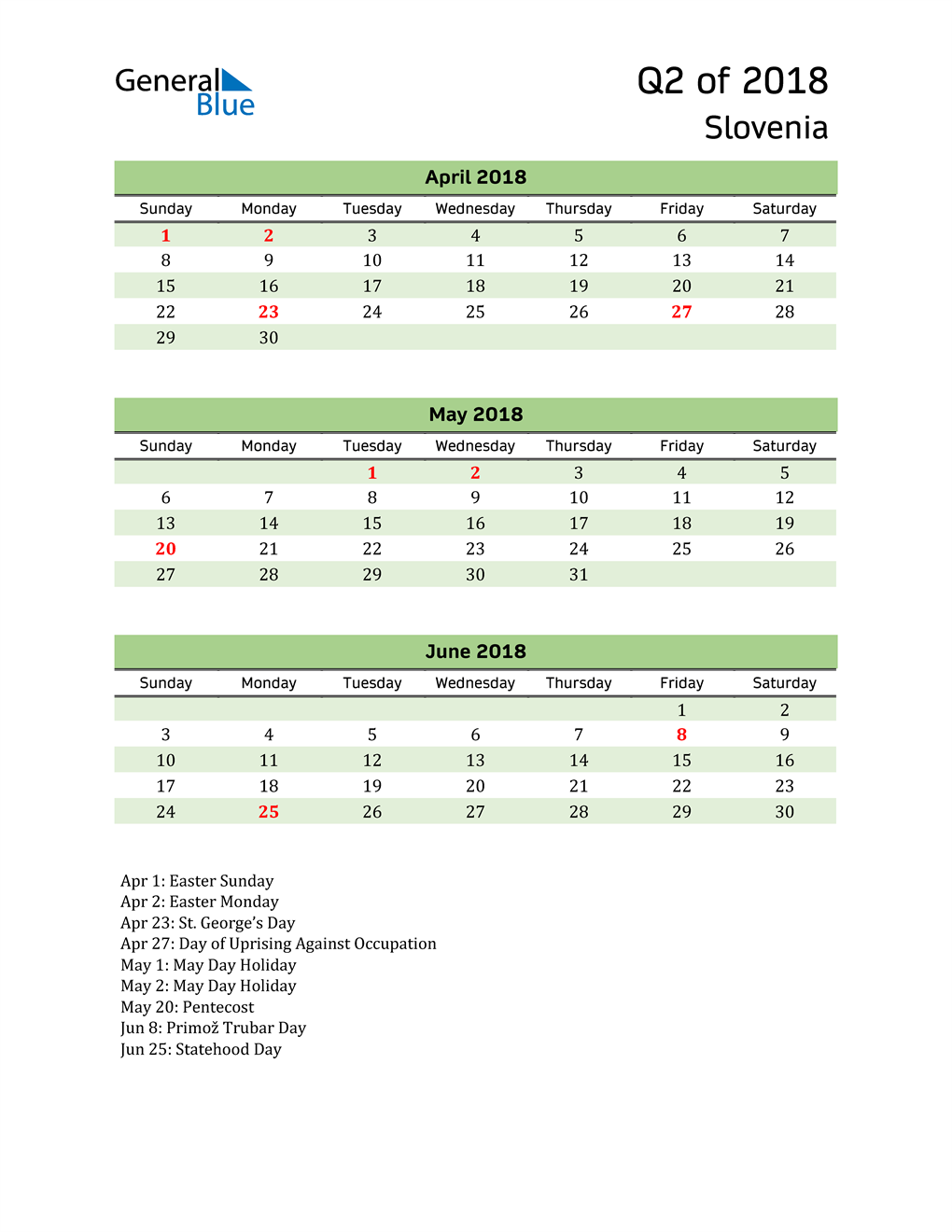  Quarterly Calendar 2018 with Slovenia Holidays 
