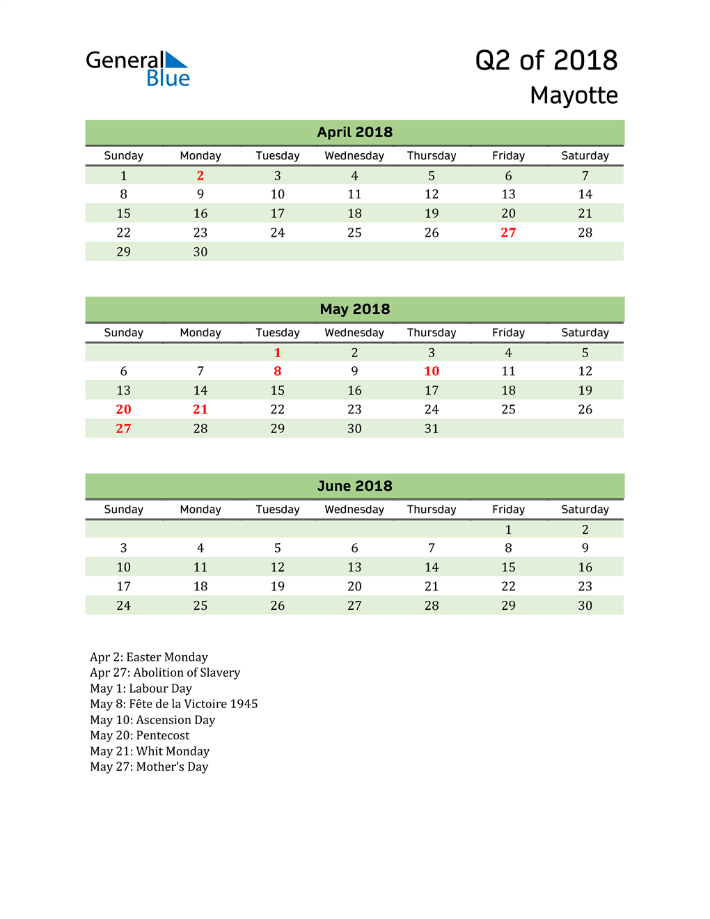  Quarterly Calendar 2018 with Mayotte Holidays 
