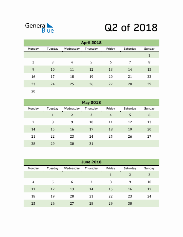 Printable Quarterly Calendar (Q2 2018)