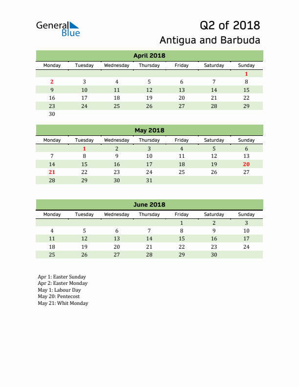 Quarterly Calendar 2018 with Antigua and Barbuda Holidays