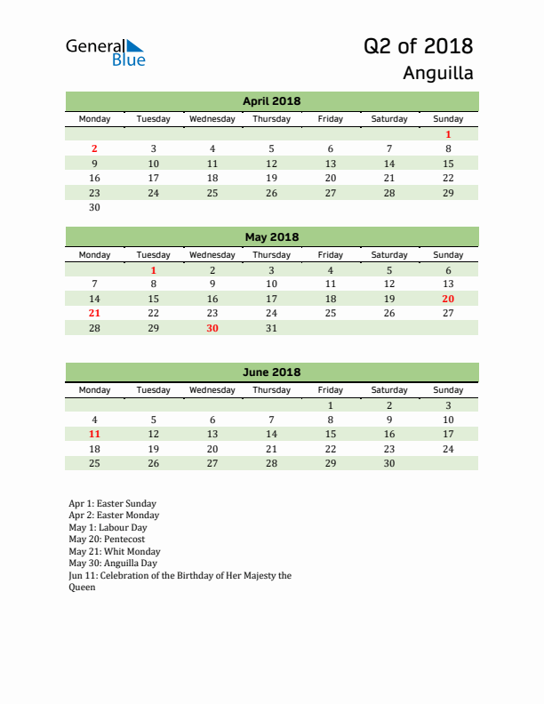 Quarterly Calendar 2018 with Anguilla Holidays