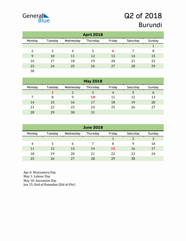 Quarterly Calendar 2018 with Burundi Holidays