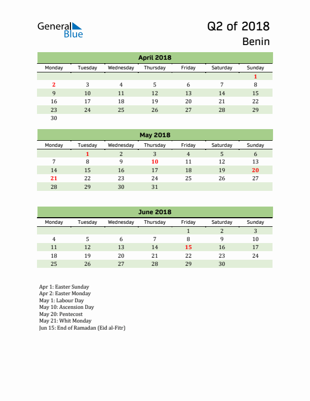 Quarterly Calendar 2018 with Benin Holidays
