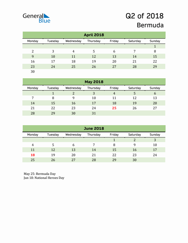 Quarterly Calendar 2018 with Bermuda Holidays
