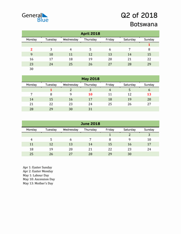 Quarterly Calendar 2018 with Botswana Holidays