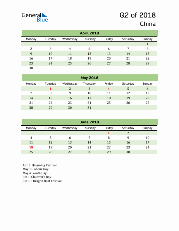 Quarterly Calendar 2018 with China Holidays