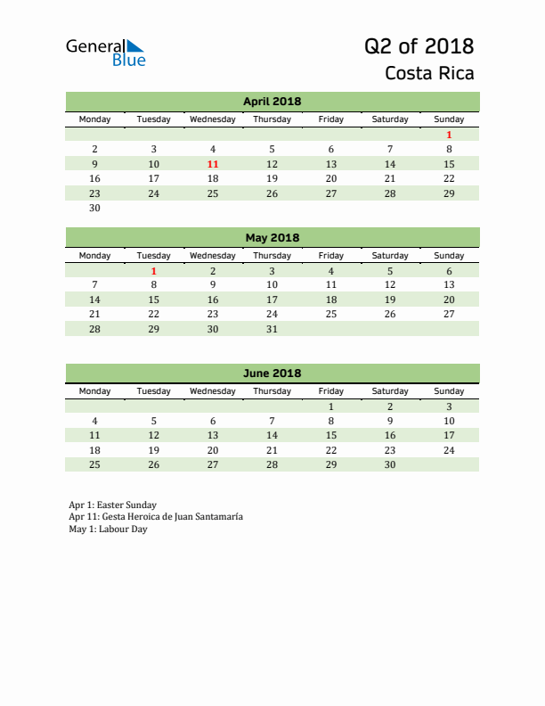 Quarterly Calendar 2018 with Costa Rica Holidays