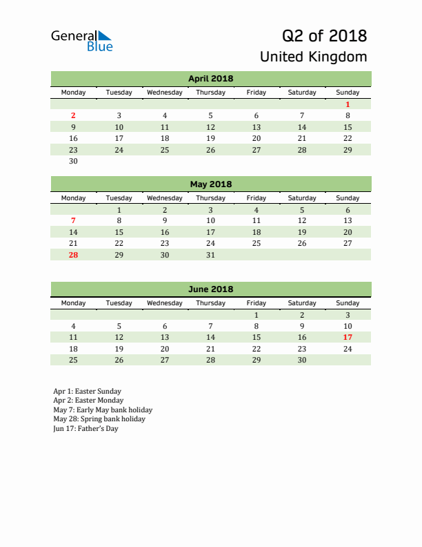 Quarterly Calendar 2018 with United Kingdom Holidays
