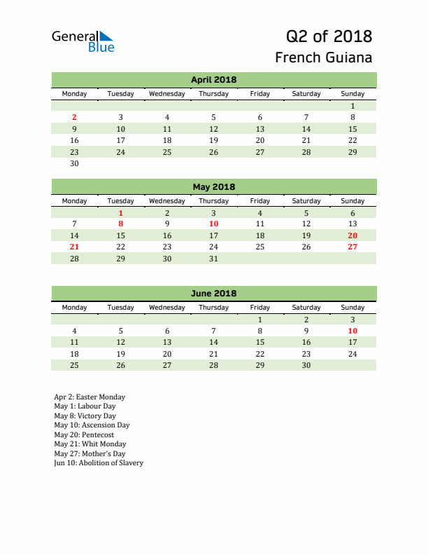 Quarterly Calendar 2018 with French Guiana Holidays