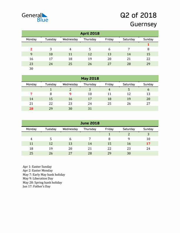 Quarterly Calendar 2018 with Guernsey Holidays