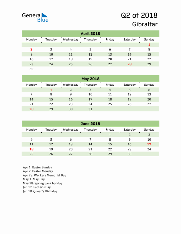 Quarterly Calendar 2018 with Gibraltar Holidays