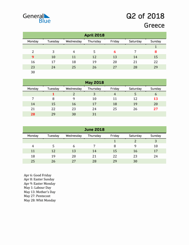 Quarterly Calendar 2018 with Greece Holidays