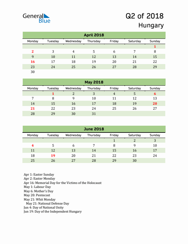 Quarterly Calendar 2018 with Hungary Holidays