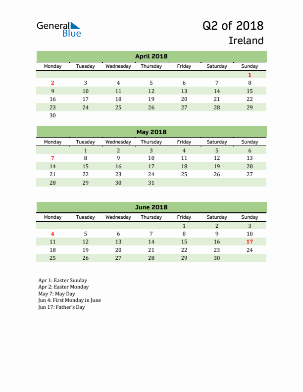 Quarterly Calendar 2018 with Ireland Holidays