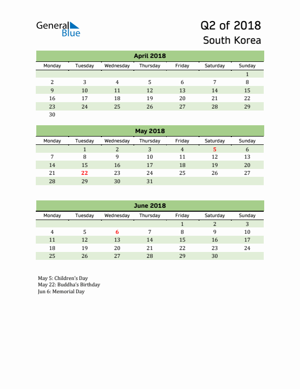 Quarterly Calendar 2018 with South Korea Holidays