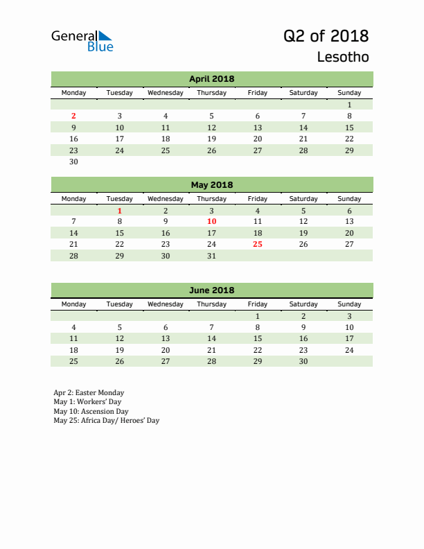 Quarterly Calendar 2018 with Lesotho Holidays