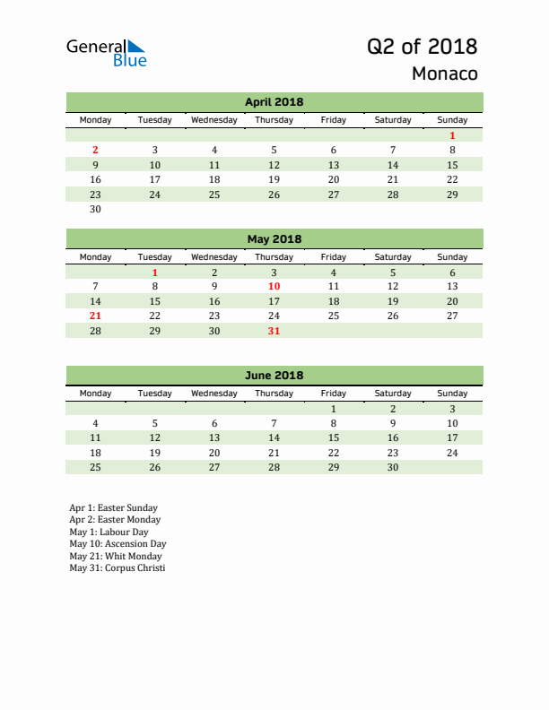 Quarterly Calendar 2018 with Monaco Holidays