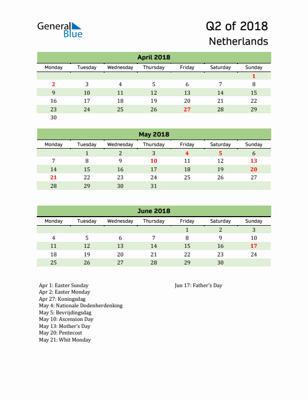 Quarterly Calendar 2018 with The Netherlands Holidays