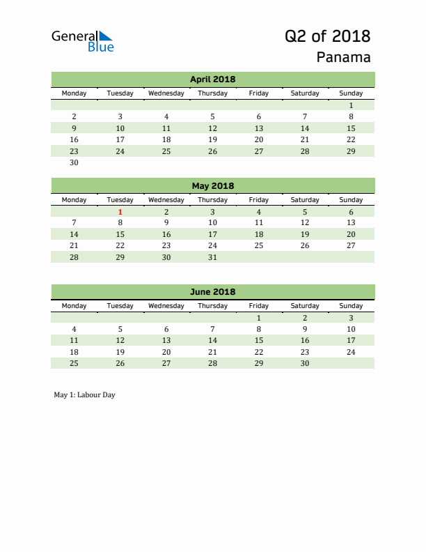 Quarterly Calendar 2018 with Panama Holidays