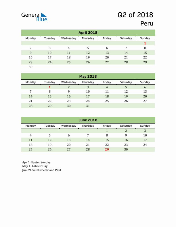 Quarterly Calendar 2018 with Peru Holidays