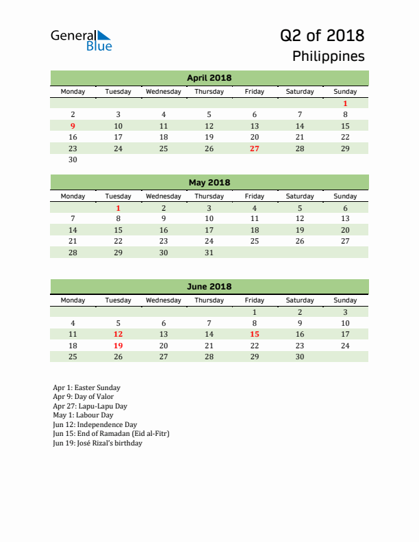 Quarterly Calendar 2018 with Philippines Holidays
